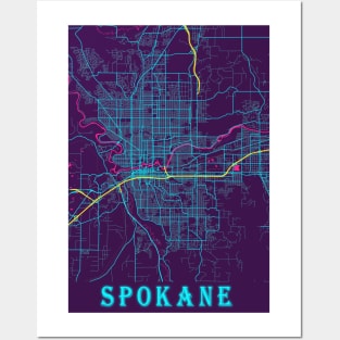 Spokane Neon City Map, Spokane Minimalist City Map Art Print Posters and Art